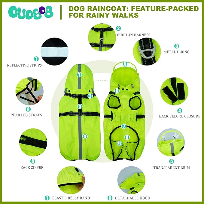 Dog Raincoats for Large Dogs with Hood, Waterproof Dog Rain Jacket with Adjustable Built-in Harness & Back Zipper, Reflective Strip, for Rainy Walks, Muddy Roads - Fluorescent Green XXXL