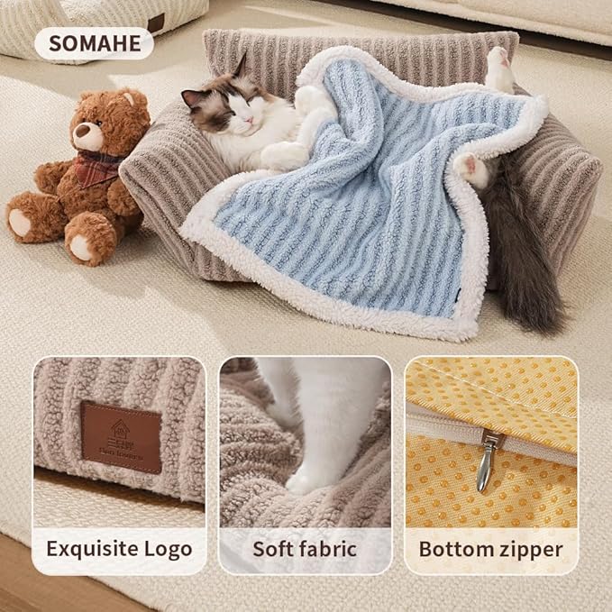 Cozy Couch for Cats Fluffy Pet Sofa with Premium Soft Fleece Fuzzy Cat Beds for Indoor Cat with Removable Washable Cover Supportive Pet Bed 24×18inch Blue