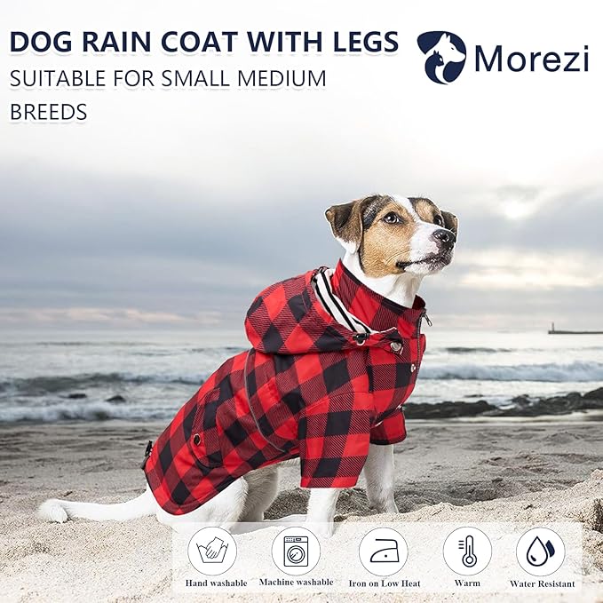 Dog rain Coat Waterproof Raincoat Puppy Jacket with Legs Buttons Zipper Hood Drawstring Fit for Yorkie Terrier Schnauzer Poodle Border Collie Labrador Golden Retriever 8lbs to 80lbs Red L