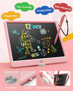 KOKODI LCD Writing Tablet, 12 Inch Colorful Toddler Doodle Board Drawing Tablet, Erasable Reusable Electronic Drawing Pads, Educational and Learning Toy for 3-6 Years Old Boy and Girls(Pink)