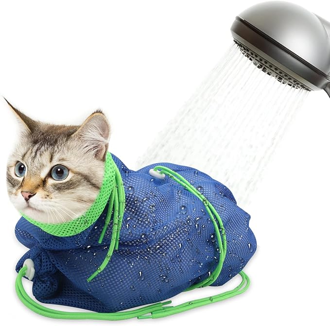 Breathable Mesh Shower Bag - Anti Scratch Adjustable Grooming for Nail Trimming, Bathing - Polyester Soft Cat Washing (Blue-Green)