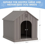 Large Dog House Outdoor Indoor, Durable Plastic Waterproof Doghouse with Air Vents and Elevated Floor, Easy Clean and Assemble for Medium Large Dogs (Classic Grey, 36.2''L×38''W×38''H)