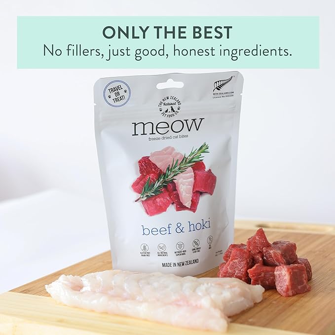 The New Zealand Natural Pet Food Co Meow Freeze Dried Cat Food - Beef & Hoki Recipe, High Protein, Meals & Toppers, Dry Cat Food,1.76 oz