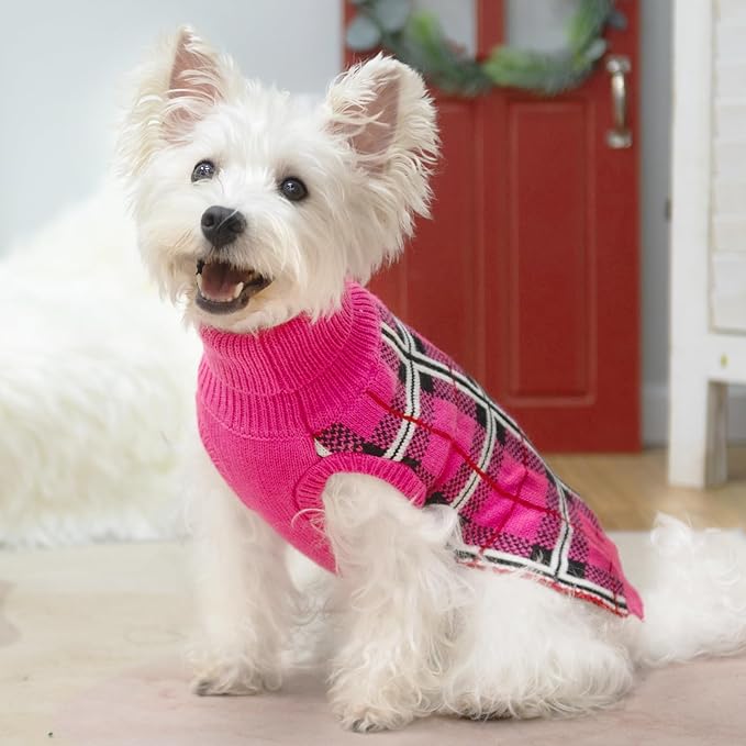 PUPTECK Dog Sweaters for Large Medium Small Dogs - Fall Classic Plaid Style Puppy Holiday Winter Coat Clothes Warm, Fuschia, ML