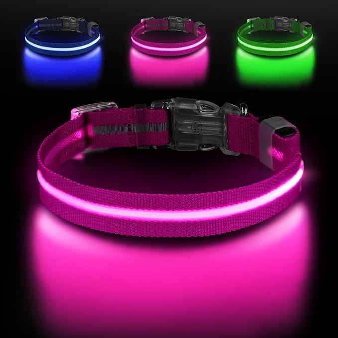Light Up Dog Collar, Adjustable USB Rechargeable Glow in Dark Dog Collar ，Waterproof Dog Collars for Medium Dogs (Pink, Medium)