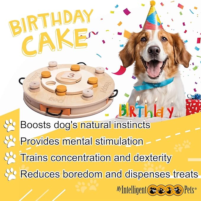 Birthday Cake - Dog Puzzle Toy, Interactive Wooden Brain Game for Dogs, Mental Enrichment Toy, Enhances Natural Instincts