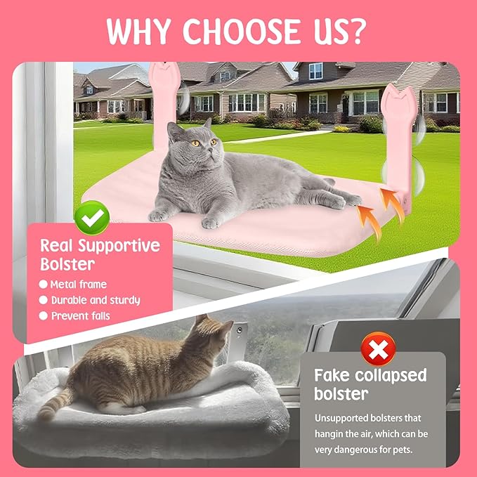 Cat Window Hammock 2-Pack,Foldable Cat Perch with Suction Cups & Metal Frame,Holds up to 40 lbs - Durable & Secure for Cats,Features 2-Sided Cushion & Easy Storage for Sunny Lounging(Pink)