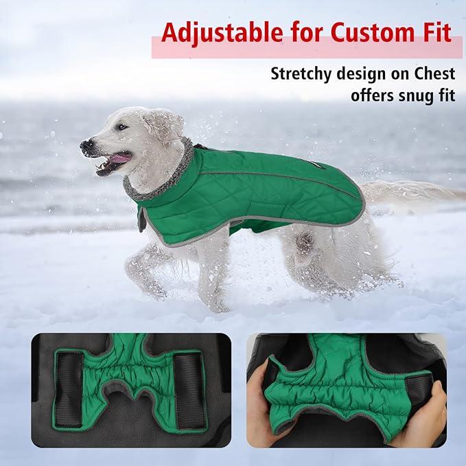 Fragralley Dog Coat Large, Waterproof Dog Jacket with Warm Fleece Lining, Adjustable Reflective Dogs Winter Coat, Turtleneck Pet Coats for Cold Weather (Green XXXL)