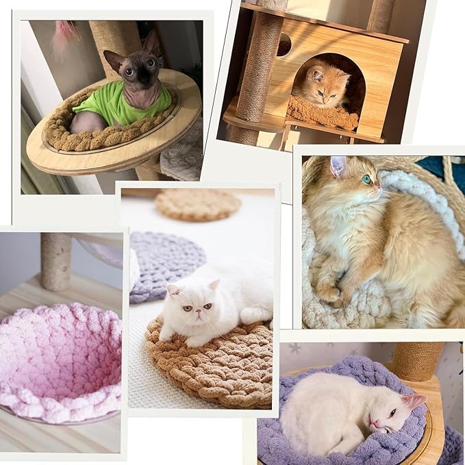 Cat Knitted Bed Mat, Extra-Soft Washable Warm Round Pads Cushions for Indoor Kittens, Cat Trees Towers, Perfect for Kneading and Sleeping (Oatmeal,Medium)