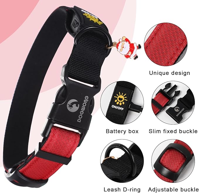 DOGWONG LED Dog Collar - Heavy Duty Light up Collars - Rechargeable Waterproof - Lighted Dog Collar for Night Walking, Hiking, Camping(Red,L)