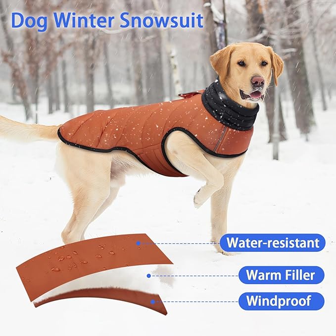 MIGOHI Lightweight Dog Coat, Windproof Dog Jacket, Puffer Jacket for Large Dogs, Padded Vest with Reflective Strips, Warm Snow Vest in Cold Weather, Easy On Hook & Loop Belly, Caramel, 3XL