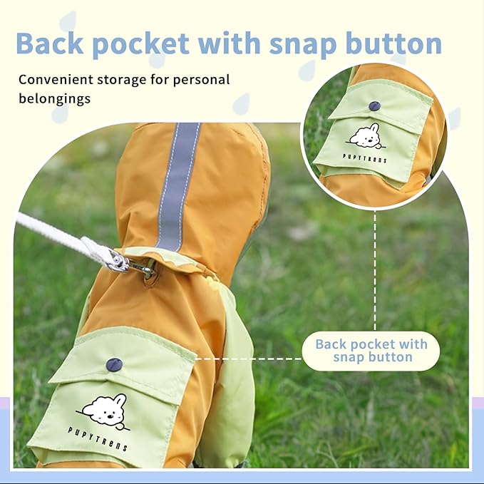 Dog Raincoat with Transparent Hood, Waterproof Jacket for Small Dogs with Snap-Button Chest, Leash Hole & Hook-and-Loop Cuffs Sleeves, Back Pocket for Treats (Yellow, Medium)