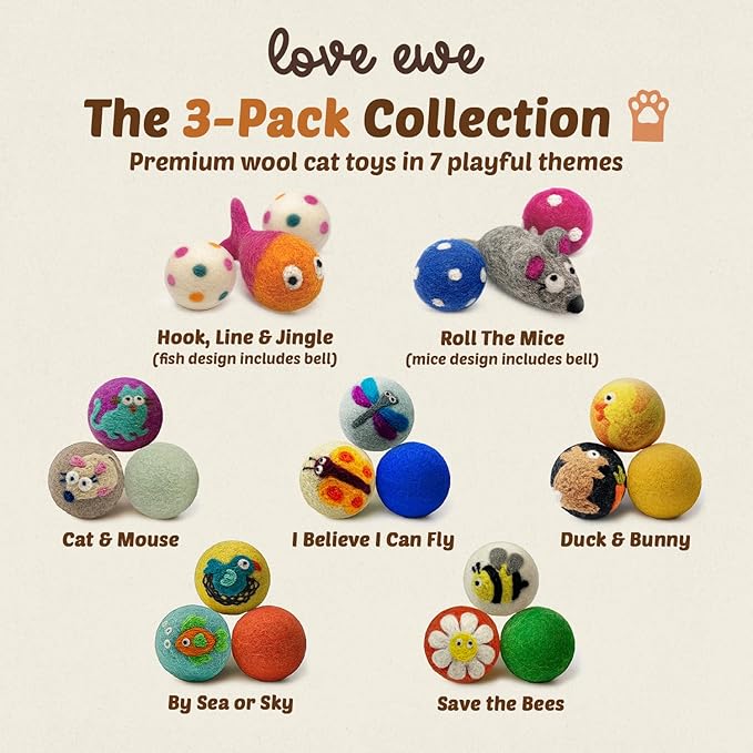 Hustle & Blush Wool Felt Balls - 3 Pack Love Ewe Pet Supplies – 2in Colorful & Durable Cat Toys Handmade from New Zealand, Ideal for Indoor Play and Mental Stimulation – Cat & Mouse Design