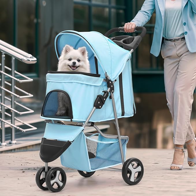 Magshion 3-Wheel Pet Stroller, Foldable Travel Jogger for Small & Medium Dogs & Cats (Up to 33lbs), Lightweight Carrier with Breathable Mesh Cover, Cup Holder & Storage Basket, Mint Green