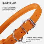 CollarDirect Rolled Leather Dog Collar, Soft Padded Round Puppy Collar, Handmade Genuine Leather Collar Dog Small Large Cat Collars 13 Colors (18-22 Inch, Orange Smooth)
