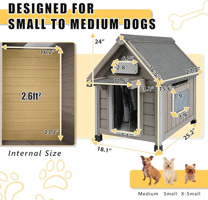 Small Dog House Outdoor, Wooden Indoor Dog House with Waterproof Roof, Removable Floor, Pet Doghouse Puppy Shelter for Small Medium Dogs, 18.1''x25.2''x24''