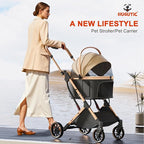 Dog Stroller with 4 Wheels, Folding Pet Stroller for Small, Medium Dogs and Cats up to 50lbs, Detachable Carrier, Storage Basket, Car Seat 3 in 1 Multifunctional (Brown‌)