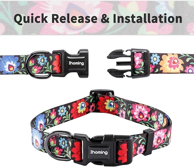 Ihoming Dog Collar and Leash Set for Daily Outdoor Walking Running Training, Black Colorful Flowers Design for Small Boys Girls Dogs Cats Pets, S-Up to 20LBS
