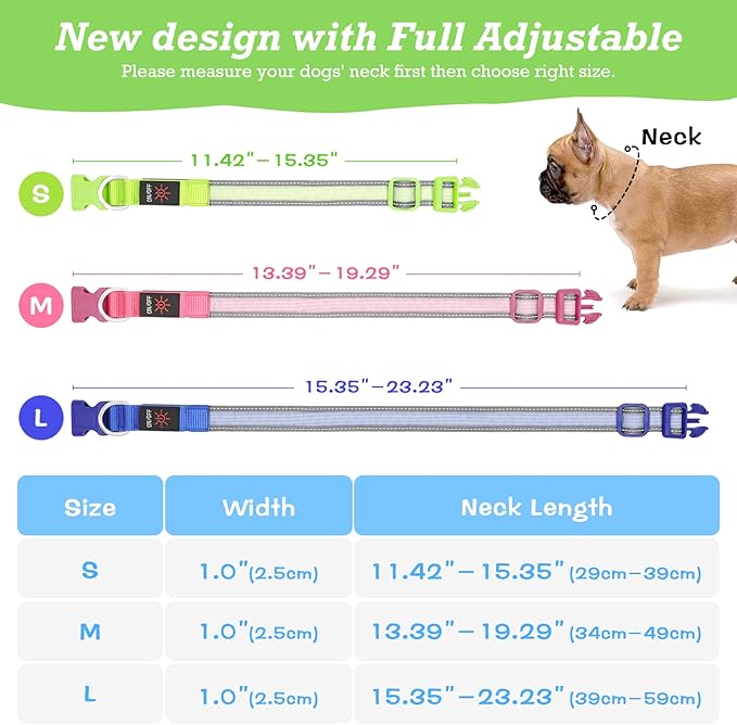 Light up Dog Collars- USB Rechargeable LED Dog Collar, Full Illuminated and Adjustable Dog Collar Light, Three Colors and Three Sizes for Small, Medium, Large Dogs (Medium, Pink-2)