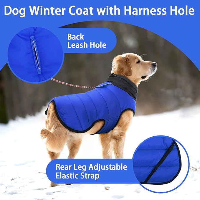 MIGOHI Lightweight Dog Coat, Windproof Dog Jacket, Puffer Jacket for Large Dogs, Padded Vest with Reflective Strips, Warm Snow Vest in Cold Weather, Easy On Hook & Loop Belly, Blue, XL