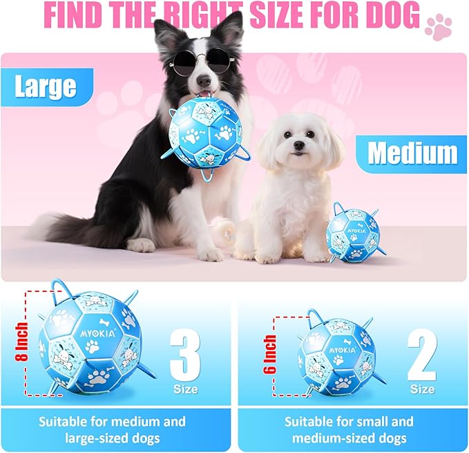 Size 3 Blue Dog Soccer Ball with Straps Eye-Catching Bone and Paw Print Design, Ultra-Durable Training Ball for Pets Interactive Outdoor Dog Toy, Perfect for Medium & Large Puppies
