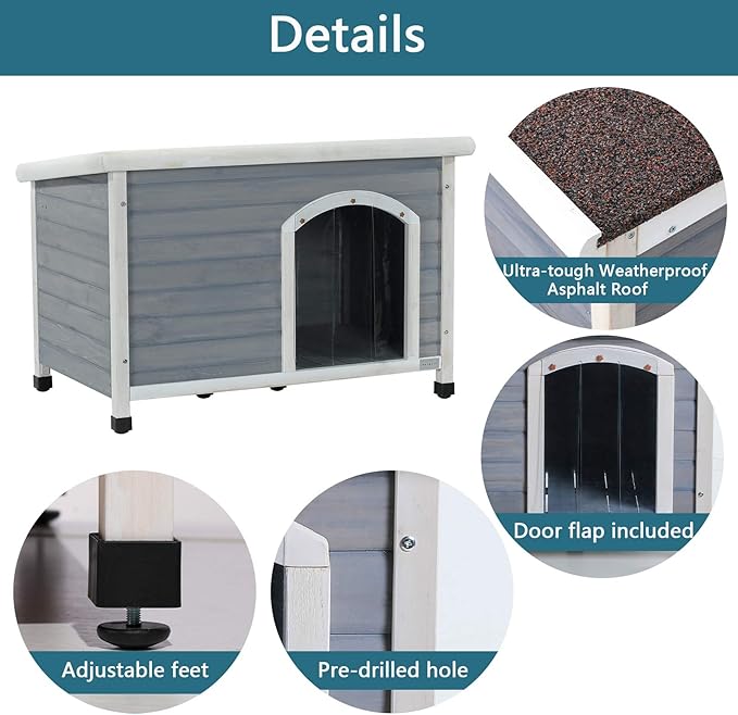 Petsfit Large Dog House, Wooden Outdoor Dog Kennel w/Hinged Roof, Weatherproof Dog Houses for Medium Dogs Outside w/Adjustable Foot Pads, 40.8" L X 26" W X 27.6" H, Grey