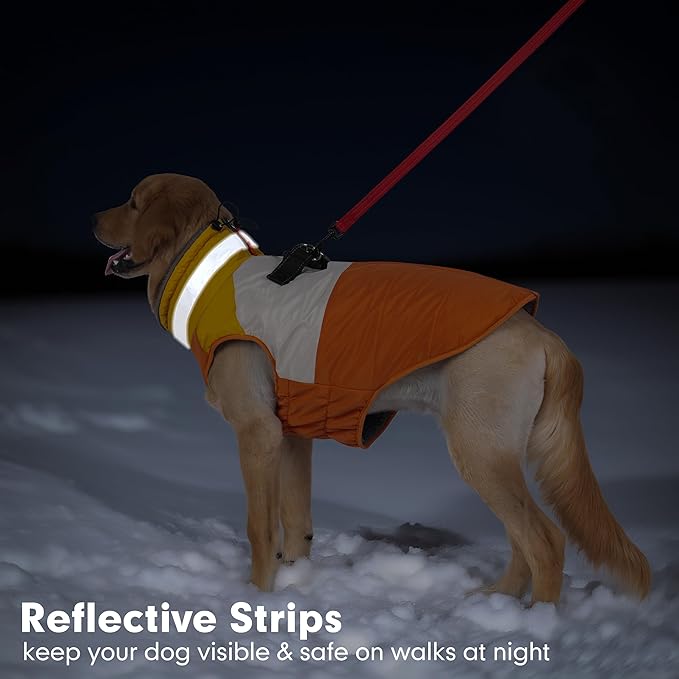 azuza Dog Jacket for Small Dogs Waterproof Dog Coat with Reflective Strips and Harness Built in Warm Fleece Dogs Winter Coat Windproof with Back Zipper, Orange L
