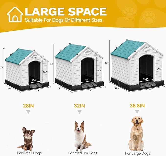 DWVO Plastic Dog House, Weatherproof Outdoor/Indoor Doghouse, Puppy Kennel with Air Vents and Elevated Floor