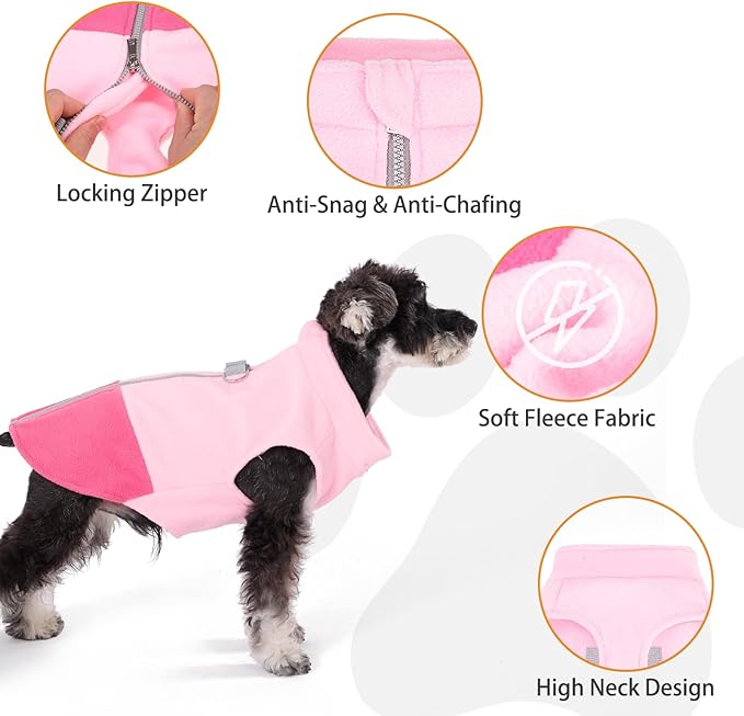 KOOLTAIL Dog Fleece Vest Sweater, Zip Up Step-in Pullover Warm Puppy Jacket with Dual Leash D-Ring for Small Medium Dogs, Cozy Soft Pet Winter Cold Weather Coats Fall Clothes Hoodie Boy Girl, Pink M