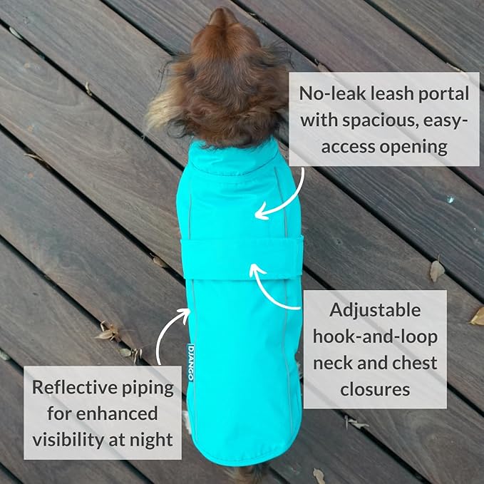 DJANGO Dog Jacket & Raincoat – Lightweight Water-Resistant Coat for Small, Medium & Long Dogs Like Dachshunds – Reflective, Adjustable Fit, Harness-Compatible & Easy-Access Harness Hole - Blue, Medium