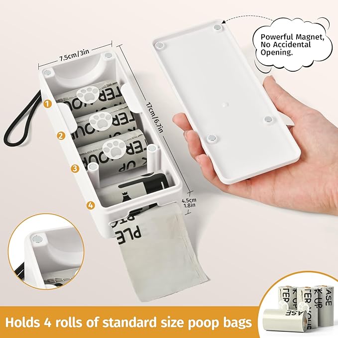 Dog Poop Bag Dispenser, Wall-Mounted Dog Bag Dispenser Outdoor or Indoor for Doggy and Pets, White Poop Holder for Yard and Park, Included 4 Rolls (60 Bags)