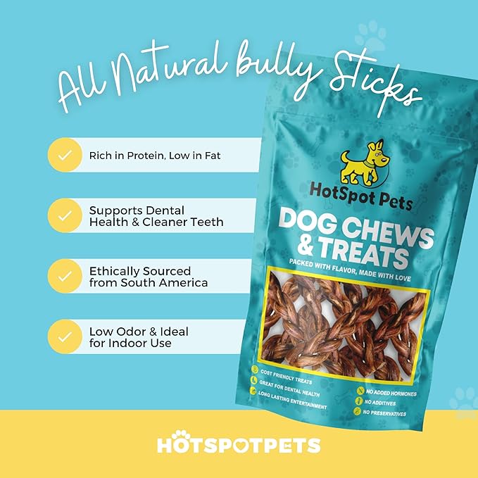 hotspot pets Braided Bully Sticks for Dogs -(12 Inch -10 Pack) All Natural Long Lasting Twisted Beef Pizzle Dog Chew Treats - Grain Free Fully Digestible Rawhide Alternative - 12 Inch Stix