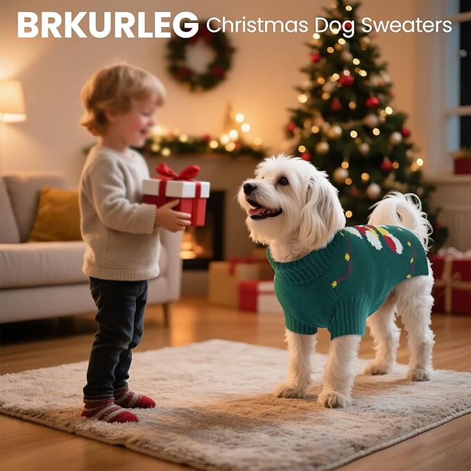 BRKURLEG Dog Sweaters, Christmas Dog Sweaters for Small Dogs Boy Girl, Warm Sweater for Cold Weather, Xmas, New Year, Pet Winter Knitted Sweatshirt Outfit for Cats, Chihuahua,Yorkie (Green, XS)