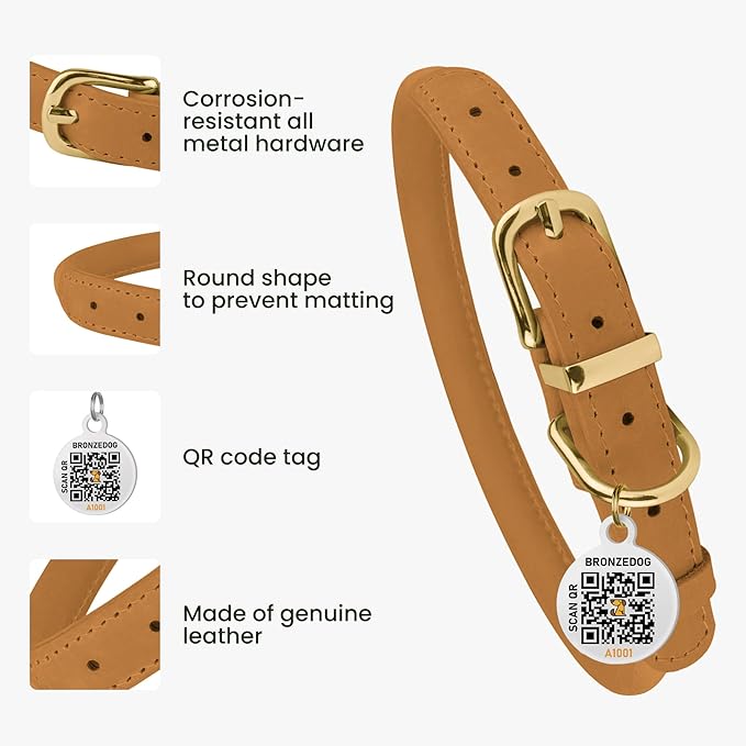 BronzeDog Rolled Leather Dog Collar with QR ID Tag, Adjustable Soft Round Collars for Small Medium Large Dogs Puppy (14" - 16" Neck Size, Mustard)