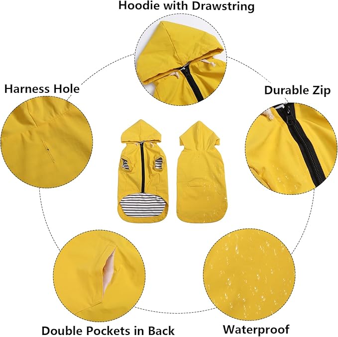Dog Raincoat rain Jacket Dogs Waterproof fit for Small Medium Breeds Zipper Closure Pocket Storage in Cold Day - Yellow - XXL