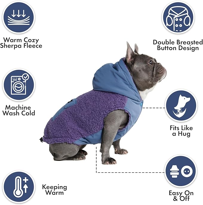 Spark Paws Reversible Dog Sweater, Sherpa Vest with Warm Fleece Lining, Warm Coat for Winter, Suitable for Small Medium, Large, XL XXL Dogs - Purple and Navy Blue - S