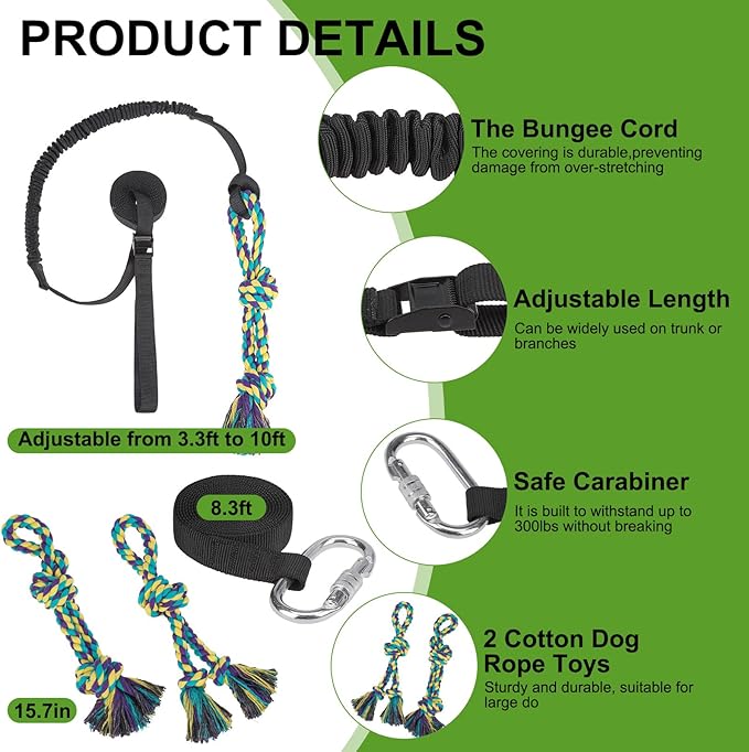 BINGPET Outdoor Dog Hanging Bungee Tug Toy,Heavy Duty Tether Tug of War Dog Toy with 2 Chew Rope Toys for Pitbull Small Medium Large Dogs Interactive Exercise and Fun Solo Play Outside