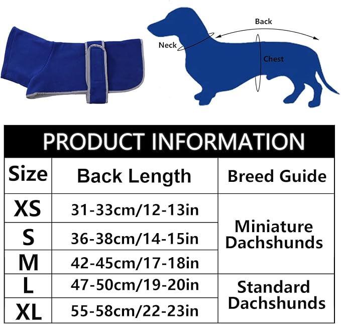 Geyecete Dachshund Sweaters - Dachshund Dog Jacket, Winter Coat with Padded Fleece Lining and High Collar, Snowsuit with Adjustable Bands - Blue - S