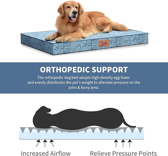 Outdoor Orthopedic Dog Bed, Waterproof Dog Bed for Large Dogs 36x27 Inch, Egg Crate Foam Pet Mat with Washable Removable Oxford Cooling Cover, White Blue