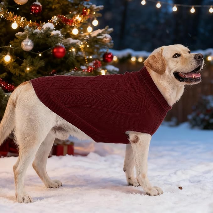 PUPTECK Dog Sweater, Turtleneck Warm Knitted Pullover Coat, Thick Cable Knitwear Clothes in Winter, Pet Apparel Outfits for Small Medium Dogs, for Cold Weather Indoor & Outdoor, Deep Red S