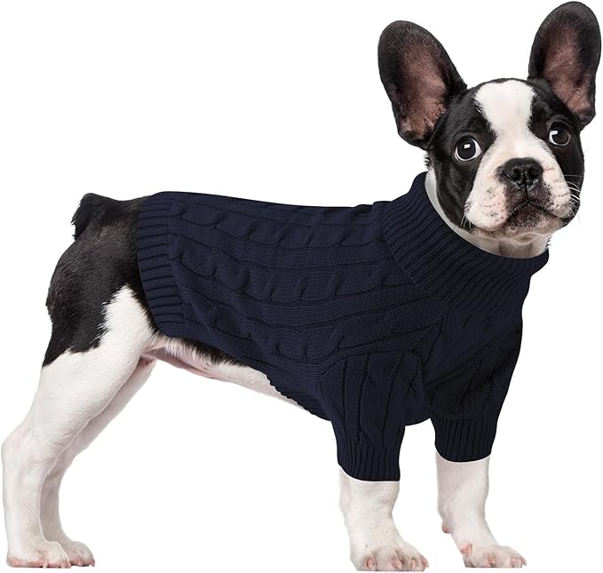 Small Dog Thermal Pullover Sweater, Classic Turtleneck Cable Knitwear Dog Clothes for Cold Weather Warm Pet Clothes for Chihuahua, Bulldog, Dachshund, Pug Navy Large