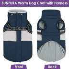 SUNFURA Small Dog Coat with Harness Built in, Warm Dog Jacket Winter with Zipper On Back, Waterproof Pet Snow Jacket Snowsuit Pet Sweater Clothes for Puppy, Blue XS