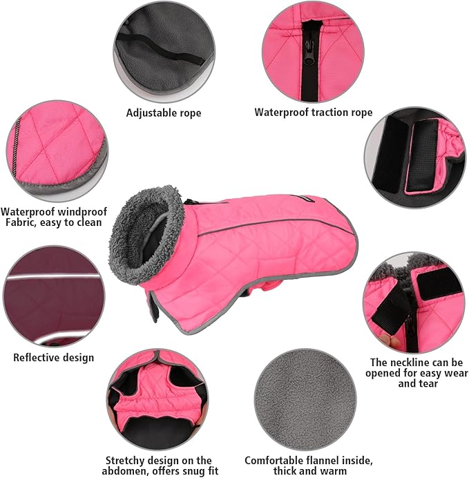 Fragralley Dog Coat Large, Waterproof Dog Jacket with Warm Fleece Lining, Adjustable Reflective Dogs Winter Coat, Turtleneck Pet Coats for Cold Weather (Pink XL)