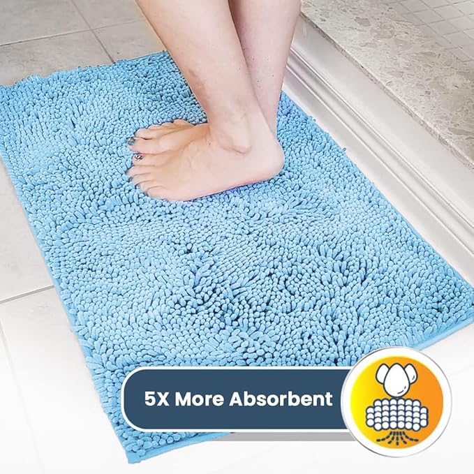 Muddy Mat® AS-SEEN-ON-TV Highly Absorbent Microfiber Door Mat and Pet Rug, Non Slip Thick Washable Area and Bath Mat Soft Chenille for Kitchen Bathroom Bedroom Indoor and Outdoor - Sky Blue 36" x 120"