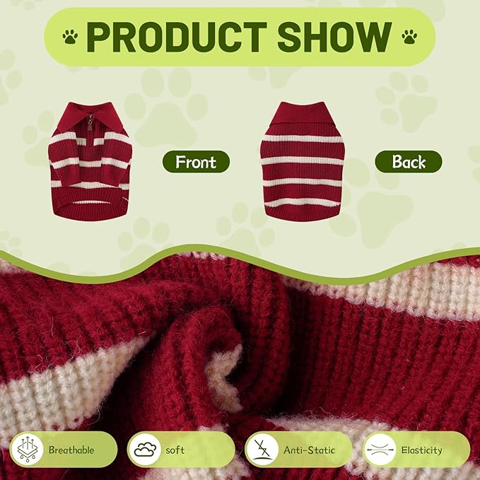 Small Dog Sweater with Zipper, Knitted Striped Pullover Dog Clothes for Cold Weather, Thick Warm Cozy Stretchy Sweater for Chihuahua, Bulldog, Dachshund, Pug(Red & White Strip, L)
