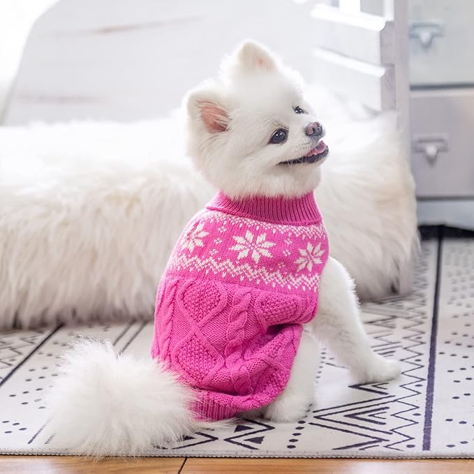 Warm Winter Pink Dog Sweater - Female Cold Weather Pet Clothes for Small Medium Large Dogs Girl Indoor Outdoor, Soft Classic Knit Puppy Apparel Coat