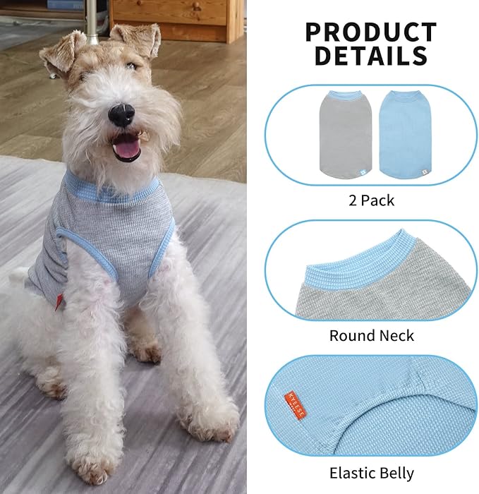 KYEESE 2Pack Dog Shirts Waffle for Small Dogs Stretchy T-Shirts Lightweight Tank Top Sleeveless Vest Breathable Cat Tee, Small, Blue+Grey