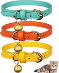 3 Pack Leather Cat Collars with Bells Soft Pet Safety Collar Kitten Collars with Bell Orange Yellow Mint Green(XS)