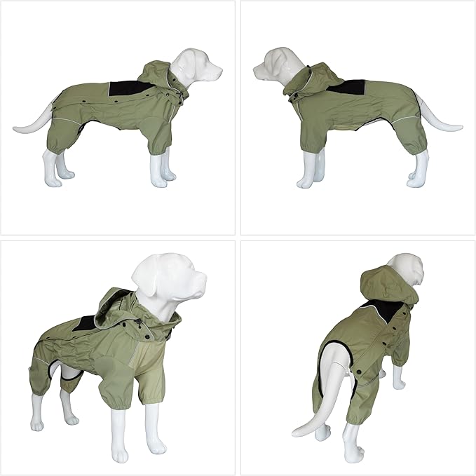 LOVELONGLONG Fleece-Lined Dog Raincoat with Removable Hood – Waterproof Winter Full Body Dog Jacket – Windproof Snowproof Cold-Weather Suit – Green-F XL