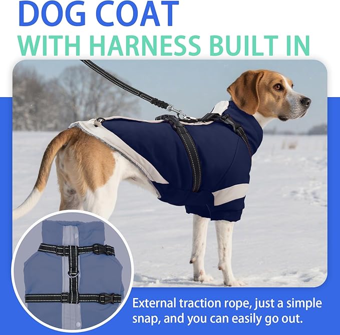 MIGOHI Dog Coat with Harness Built in, 2-in-1 Thermal Dog Winter Coat, Windproof Reflective Jacket with High Collar for Medium Dogs, Easy On Back Zipper, Cocker Spaniels, Navy Blue, L